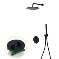 2019 Matt Black 10 Inch Round Shower Head Set Rainfall Massage Thermostatic Diverter Valve  + hand shower